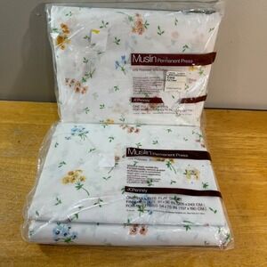JCPenney Full Sheet Set Vtg Cora Floral White Orange Blue Muslin 2pc NOS